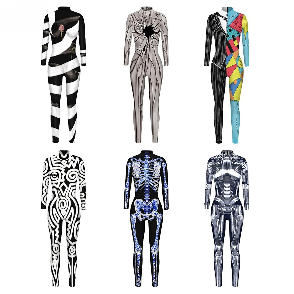 Teanoon Female Halloween Costume for Women Cosplay Robot Printed Costumes Jumpsuit Skull Carnival Costume Bodysuit Rompers