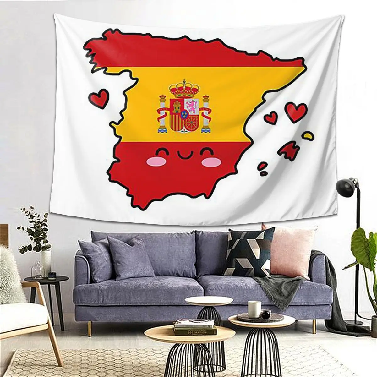 

Spain Flag Map Smile With Love Tapestry Decoration Art Aesthetic Tapestries for Living Room Bedroom Home Wall Cloth Wall Hanging