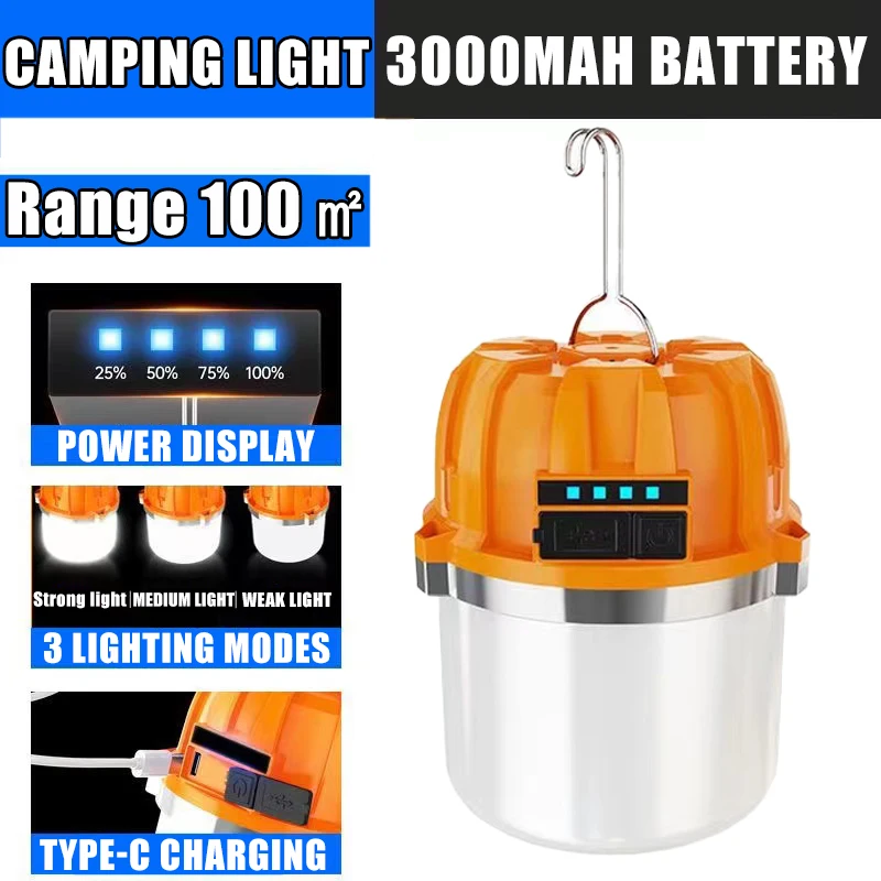 High-power 500W LED Camping Light Bulb USB Rechargable with Power Display Outdoor PortableCamping Tent Hanging Emergency Lantern