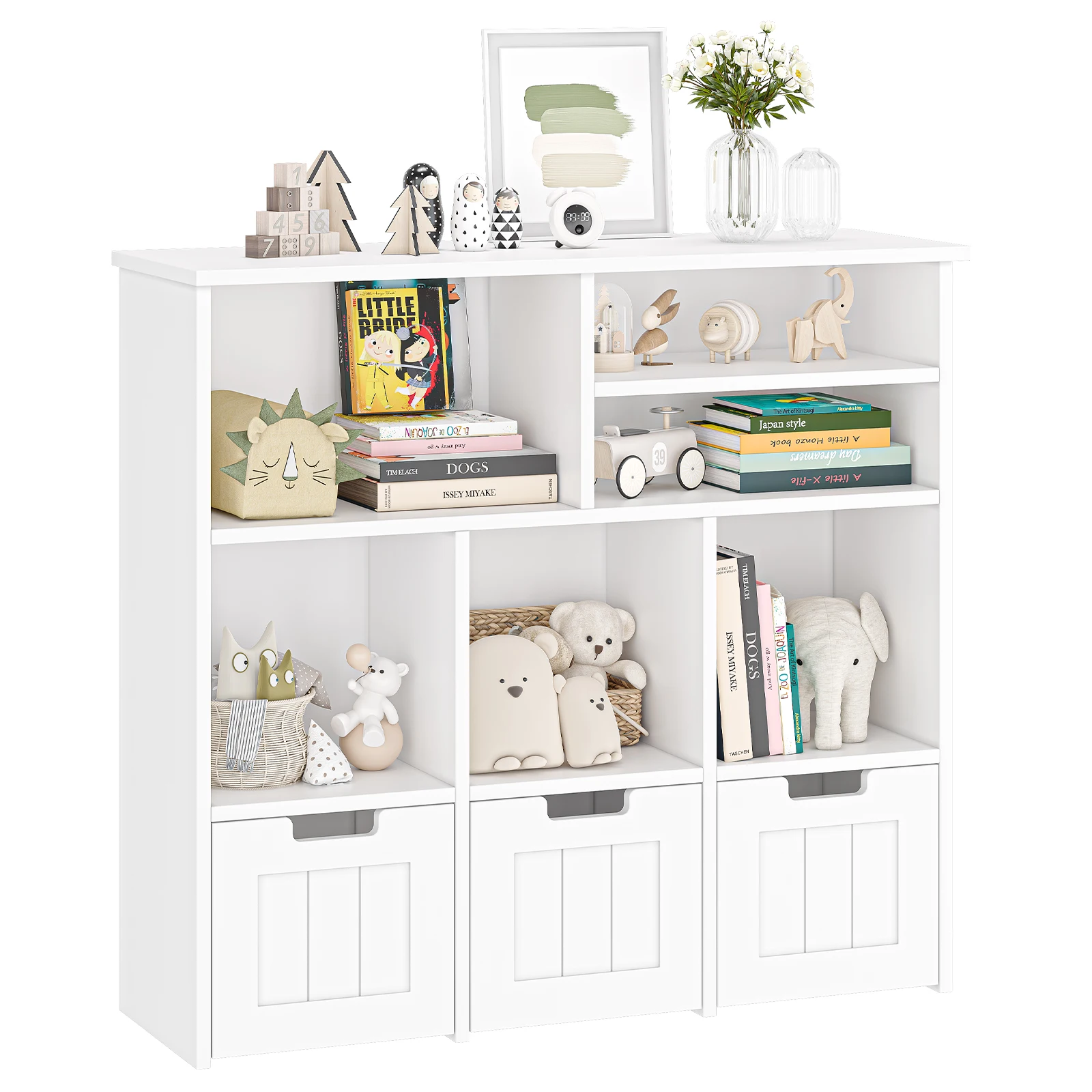 

Customizable Kids Bookshelf Toy Storage Cabinet with 3 Movable Drawers & Hidden Wheels Chest with 6 Storage Cubbies Stor