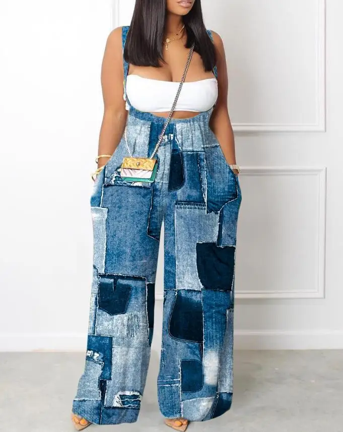 

Jumpsuit Women 2024 Summer Fashion Denim Look Print Pocket Design Casual Daily Long Wide Leg Suspender Jumpsuit Without Top