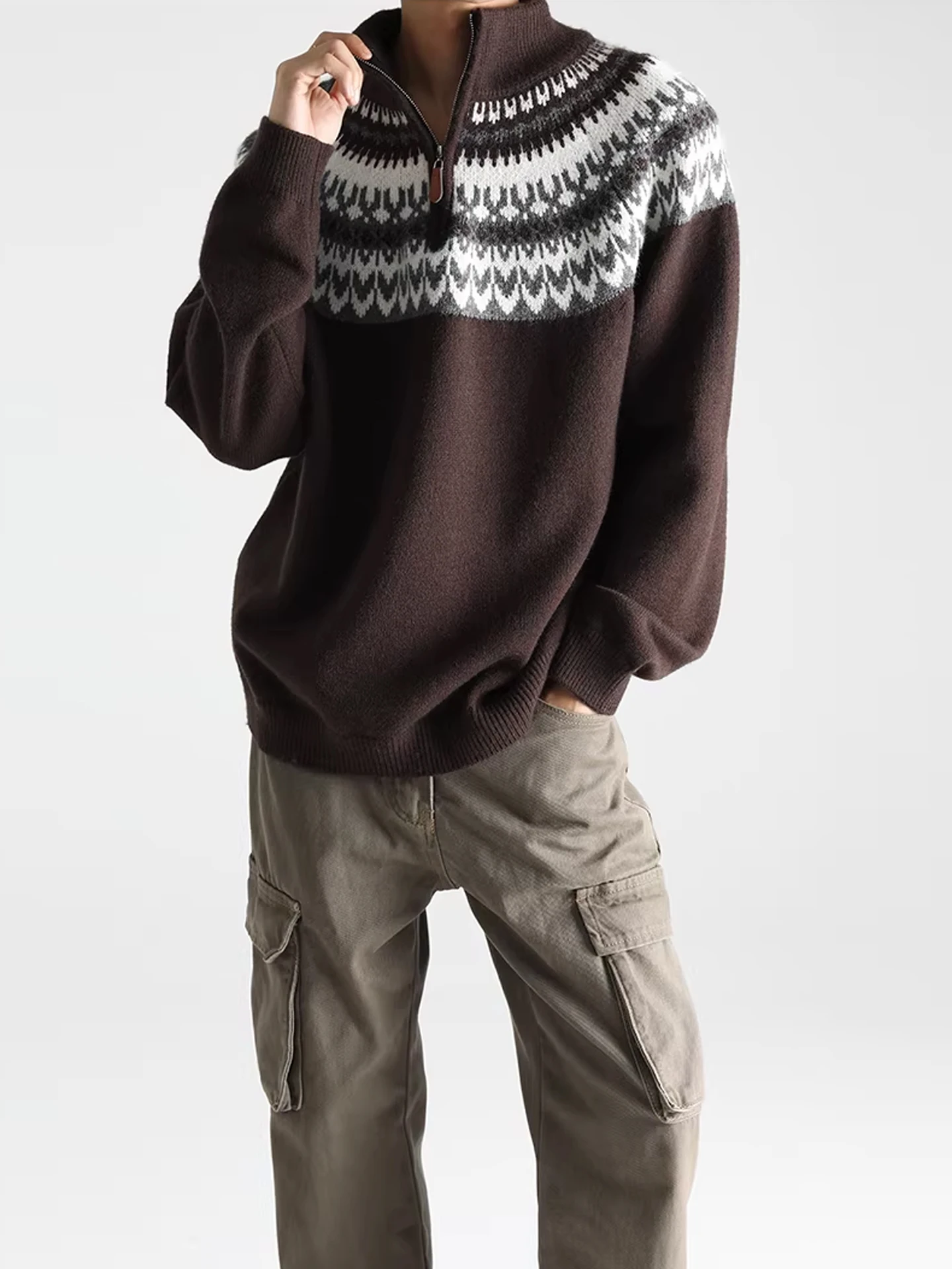 

Retro American Fair Isle Zipper f High Collar Knitted Sweater for Men Couple Loose Fit Polyester Fiber Geometric Pattern