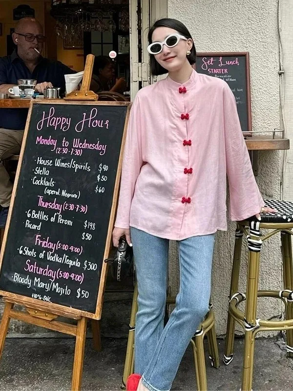 الوردي الكتان irt Mei Ding Sle زر حتى عارضة تنفس طويلة Sve المرأة فضفاضة تناسب irt عطلة ارتداء الذقن التقليدية...