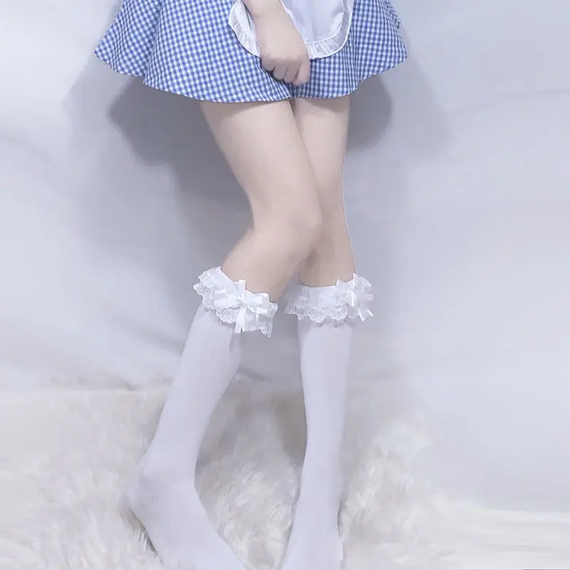 

Maid Cosplay Girls Stockings Women Thigh High Knee Socks Ruffled Lace Big Bowknot Cute type Cotton School Uniform Tube