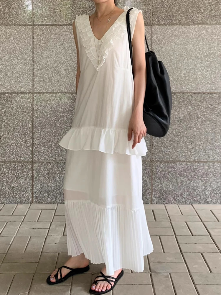 Liangliang デザイン V ネックノースリーブベストドレス女性の夏の新しいスプライシングプリーツロングスカート韓国スタイルルーズウエスト
