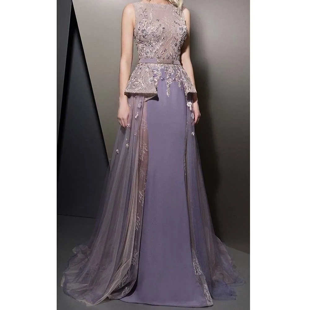 High Quality Purple Women Prom Dresses Sleeveless Floor Length A-line Illusion Flowers Formal Female Evening Party Gowns