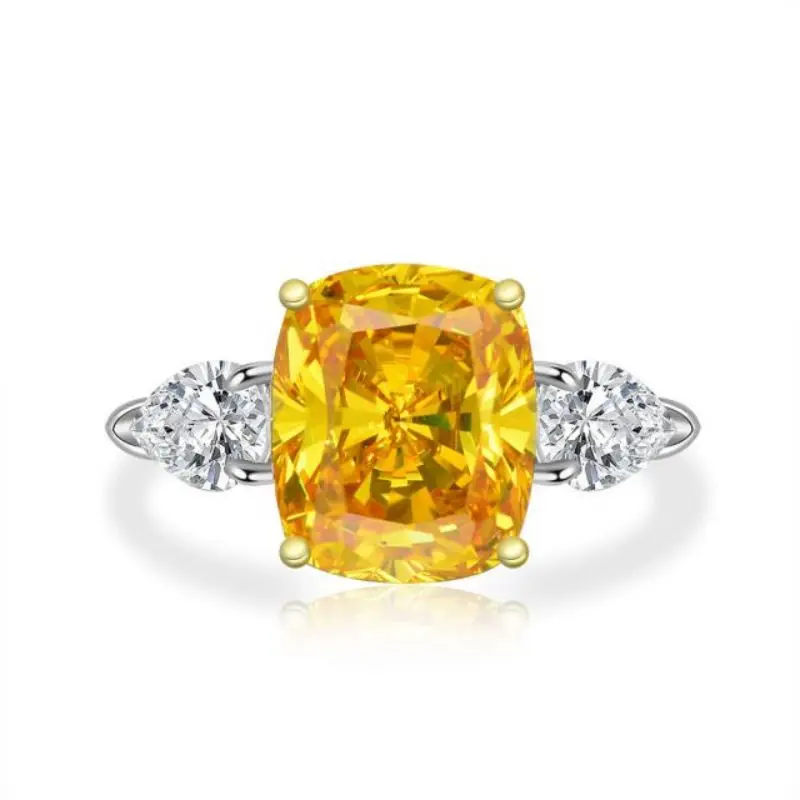 

925 Sterling Silver 10*12mm Cushion Cut Yellow Cubic Zirconia Cz 3 Stone Anniversary Wedding Engagement Ring Fine Jewelry