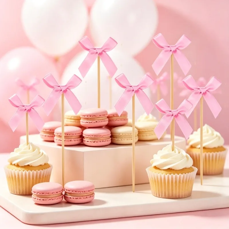 Pink Bow Cupcake Toppers Cocktail Picks Decor Bamboo Toothpicks for Cupcake Fruit Cake Topper Wedding Birthday Party Decoration - view 6