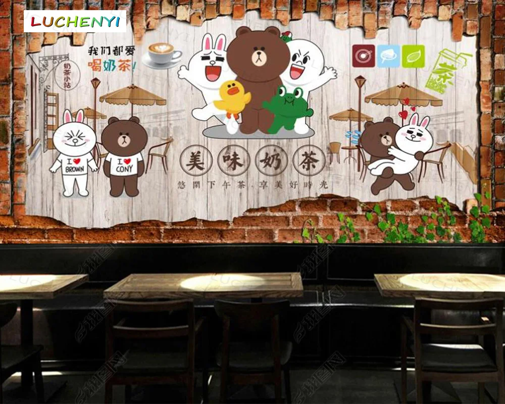 Papel de parede custom delicious bear milk tea 3d wallpaper mural,drink restaurant juice shop dining room wall papers sticker