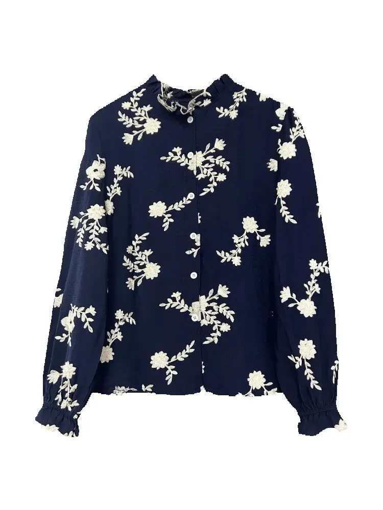 

Осенние новые женские модные рубашки с длинными рукавами и вышивкой, весенняя уличная одежда, женская одежда, рубашка с воротником-лепестками на пуговицах, блузки