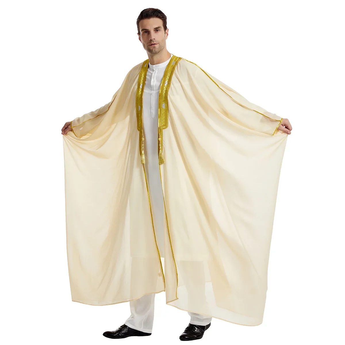 Jubba-Robe longue en mousseline de soie pour hommes, manches chauve-souris, caftan arabe, Abaya ouverte, Dubaï, Eid, Turquie, vêtements musulmans