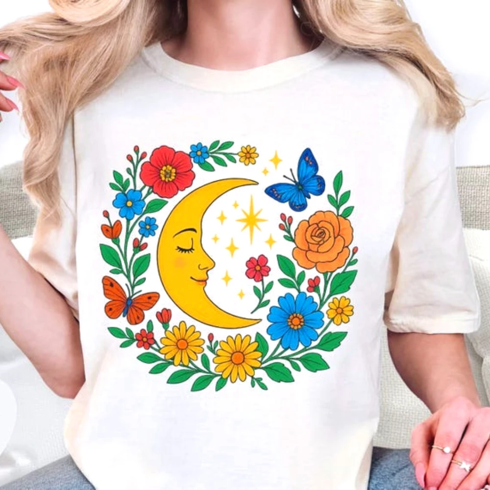 

Boho Moon T-Shirt Cute Celestial Hippie Tee Vintage Women Clothing Floral Bohemian Chic Outfit Festival Fashion Mens Cotton Tops