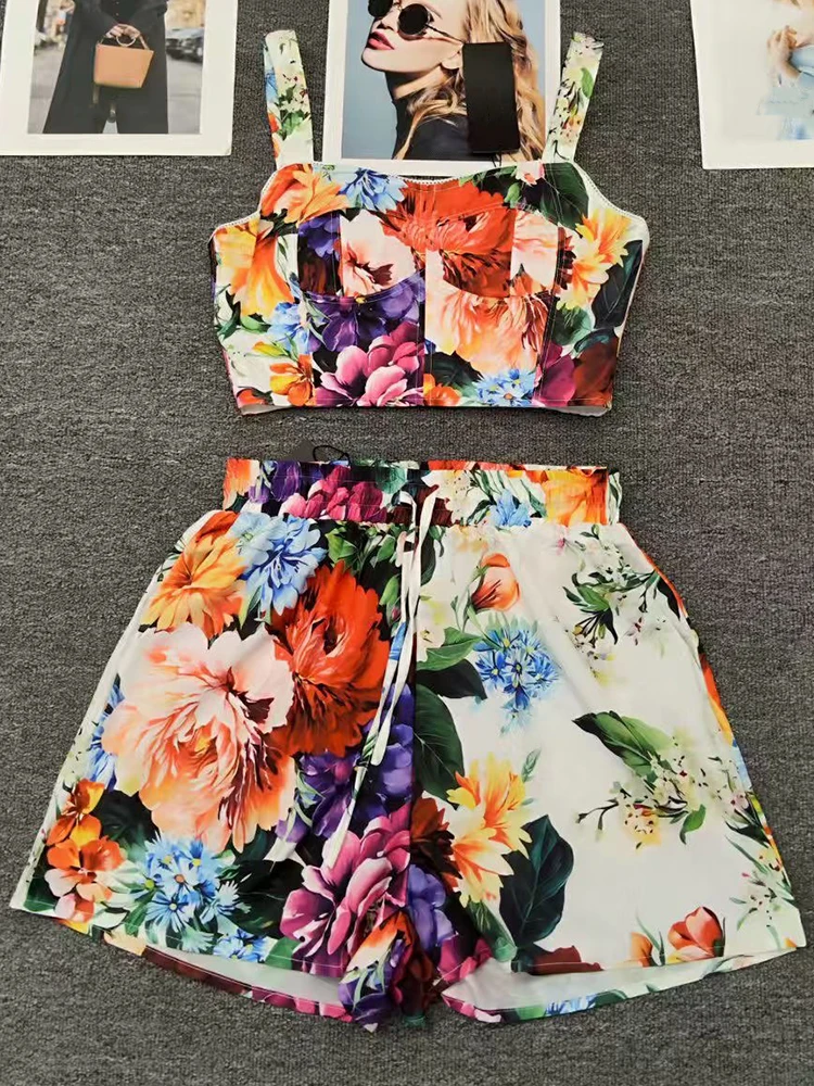 Primavera/Verano 2025 nuevos pantalones de mujer con estampado de flores camisa de cintura abierta Top cintura elástica pantalones cortos de pierna ancha temperamento de dos piezas sui