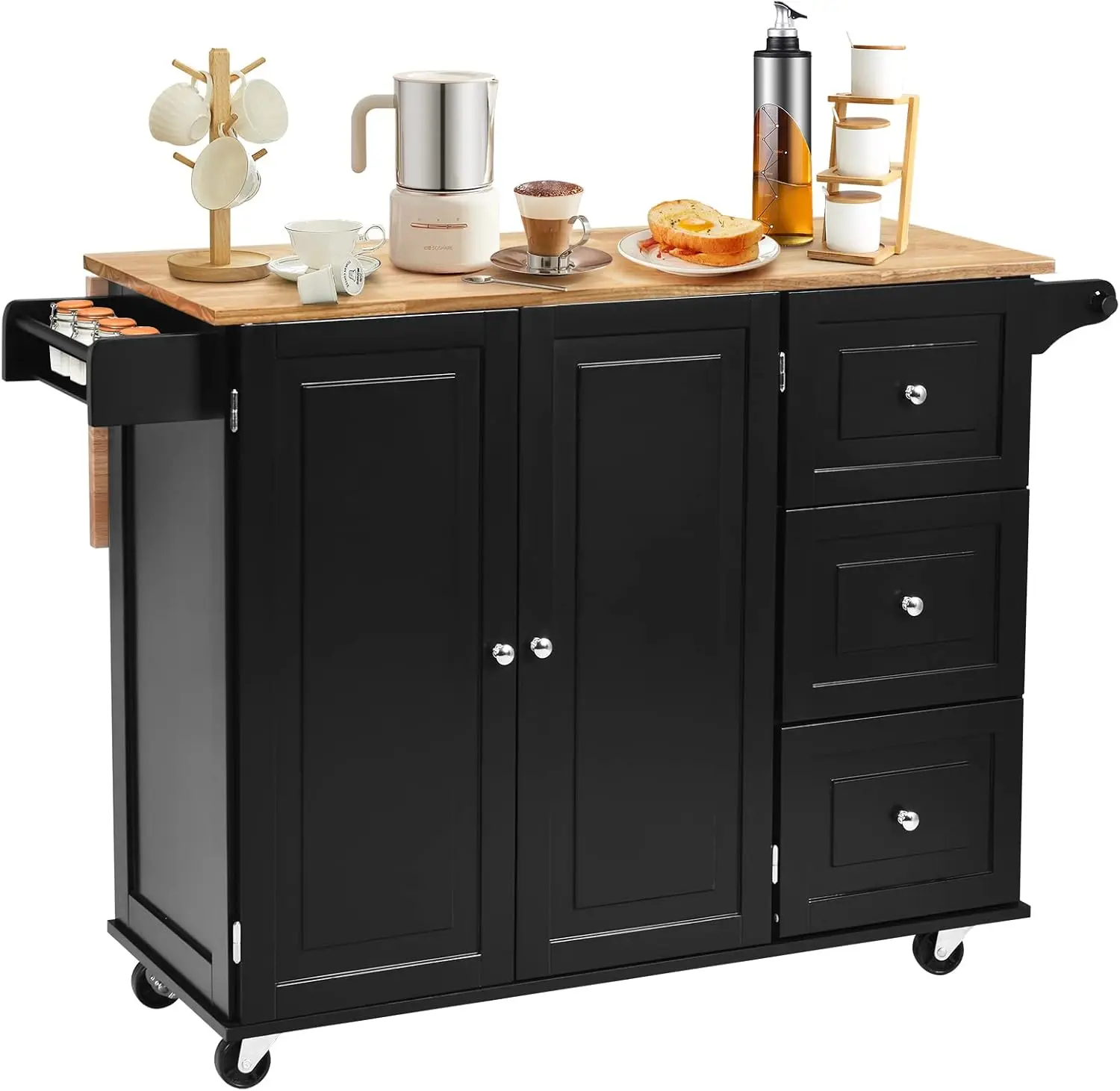 

Kitchen Island Cart on Wheels, w/ 2-Door Cabinet, 3 Drawers & Towel/Spice Rack, Utility Cabinet w/Drop-Leaf Rubber Wood