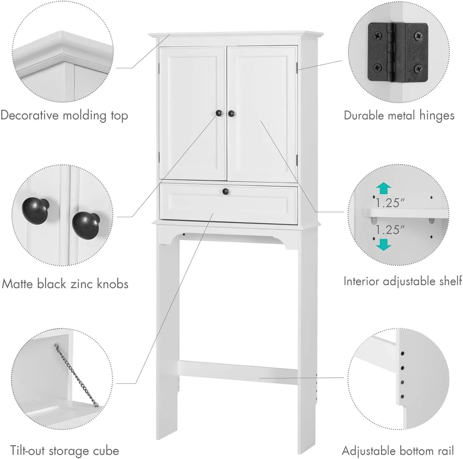 Opbergkast boven het toilet, badkamer boven toiletopbergkast met deuren en verstelbare planken, wit