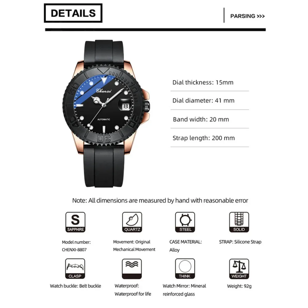 CHENXI 8807 Original Brand Men\'s Fully Automatic Mechanical Watches Silicone Strap Waterproof Sports Mechanical Watch for Men