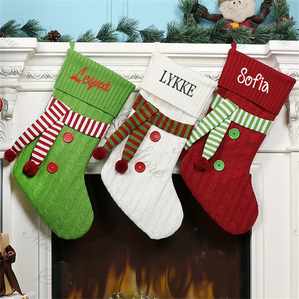 

2023 New Large Christmas Gift Socks Personalized Name Christmas Decoration Gift Candy Bag Custom Christmas Scarf Knited Stocking