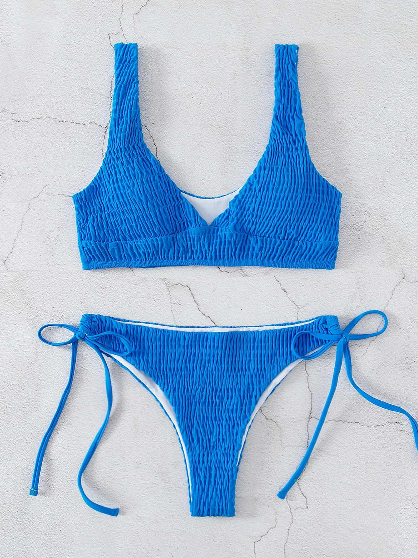 Solid Color Blue Swimsuit for Women 2024 New 2 Piece Bikini Sexy Bandage V-neck Swimwear Summer Beach Vacation Set Bathing Suit