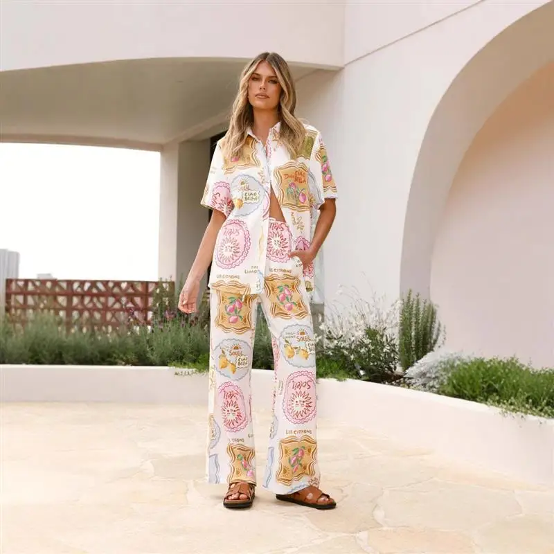 Casual Faion Two-Piece Set with Print ort Sve Holiday Loose Rope Tie Women's Polyester Blend Spring Season All Year Long