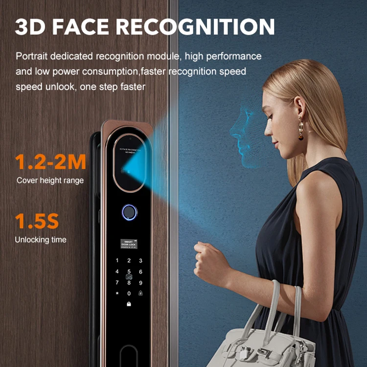 Cerradura de puerta de alta seguridad con huella dactilar, con cámara, 3d reconocimiento facial, automática, de aluminio, para el hogar