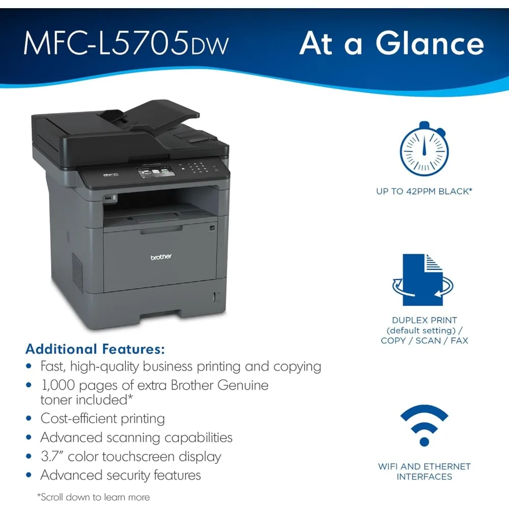 Laser monochrome tout-en-un MFCL5705DW, jusqu'à 1,000 liberté supplémentaire de toner supplémentaire incluse dans la boîte