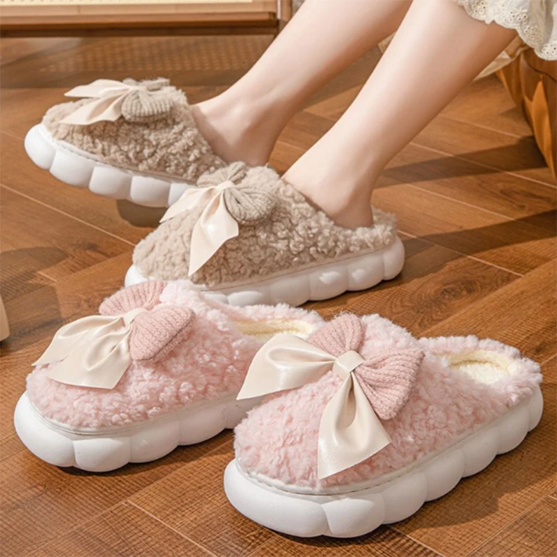 Sweet Pink Bowknot Warm Fur Home Slippers Women Winter Thick Platform Fuzzy Lined Shoes Woman Indoor Anti Slip Cotton Slippers - view 5