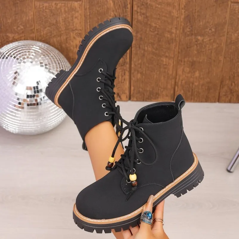 Women's Ankle Boots Round Toe Low Heel Matte Finish Lace-Up Chunky Lug Sole Combat Style Bead Detail Casual Everyday Shoes 2026
