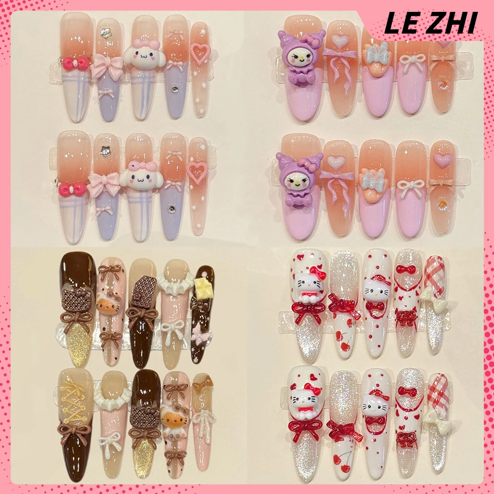 

Cute Hello Kitty Kuromi Cinnamoroll Handmade Long Stiletto Press On Nails Bowknot Cat Eyes Diamond Star Pearl Cat Paws Fake Nail