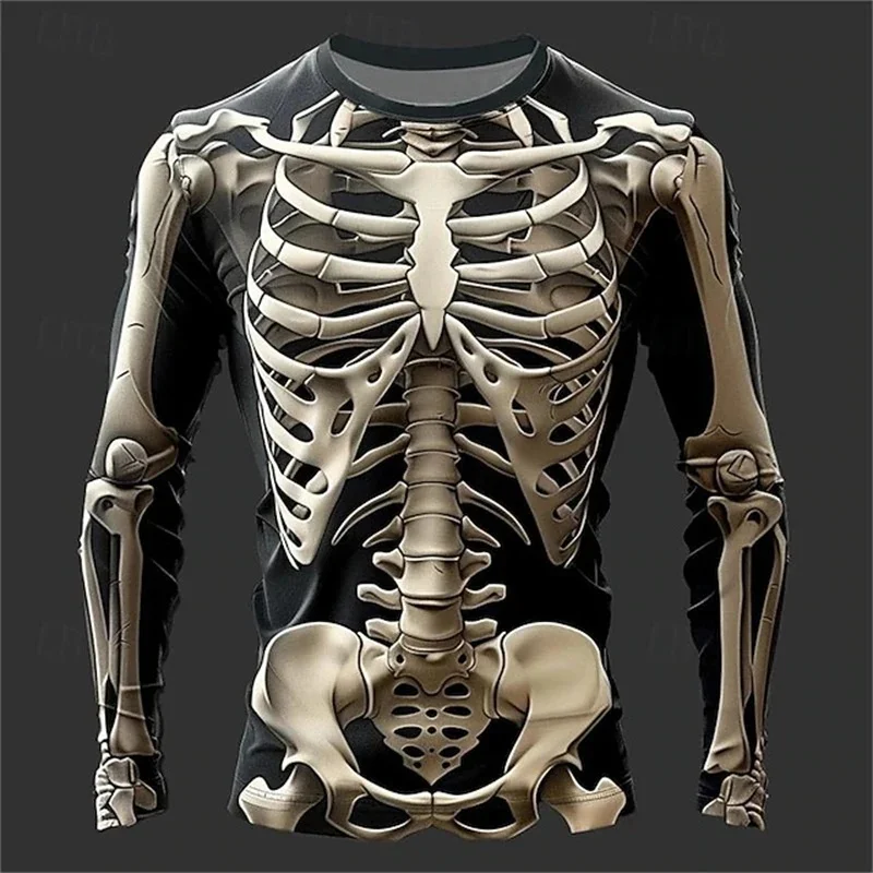 2026 New Autumn/Winter Men's 3D Full Body Skeleton Printed Long Sleeve Gothic Skeleton Pattern Round Neck Halloween Horror Punk