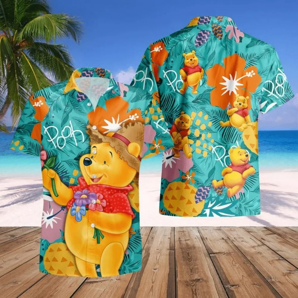 

New Disney Hawaii 3d print shirt new men and women fashion naughty Winnie the Pooh Disney button boys shirt beach children paren