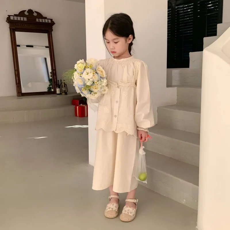 Children's suit2024Spring Girls' Lace Lace Spaghetti-Strap Two-Piece Children's Korean-Style Solid Color Skirt Suit