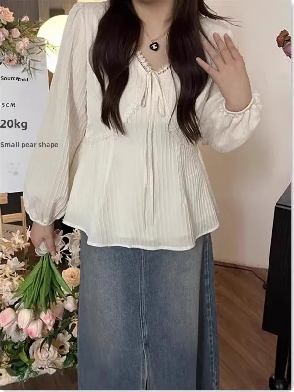 

plus Size Accordion Pleat irt Men's Lantern Sve Waist Cinched Design Spring Autumn Casual Long Sve V Ne Top