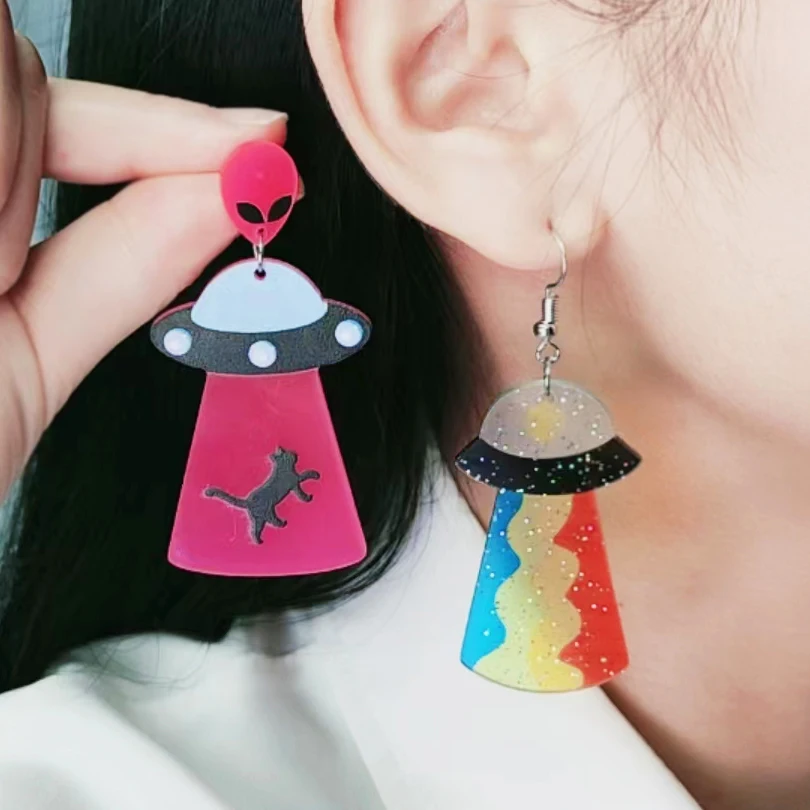 Funny Cute Cartoon Halloween Space Alien Spaceship Sparkling Print Acrylic Drop Earrings Jewelry Gifts Women'S Earring