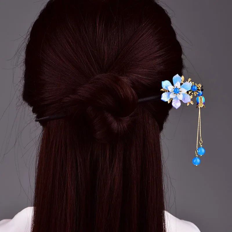 Elegant Exquisite Blue Coloured Glaze Flower Wooden Hair Stick Retro Graceful Chinese Ancient Palace Hair Jewelry Woman Bijoux