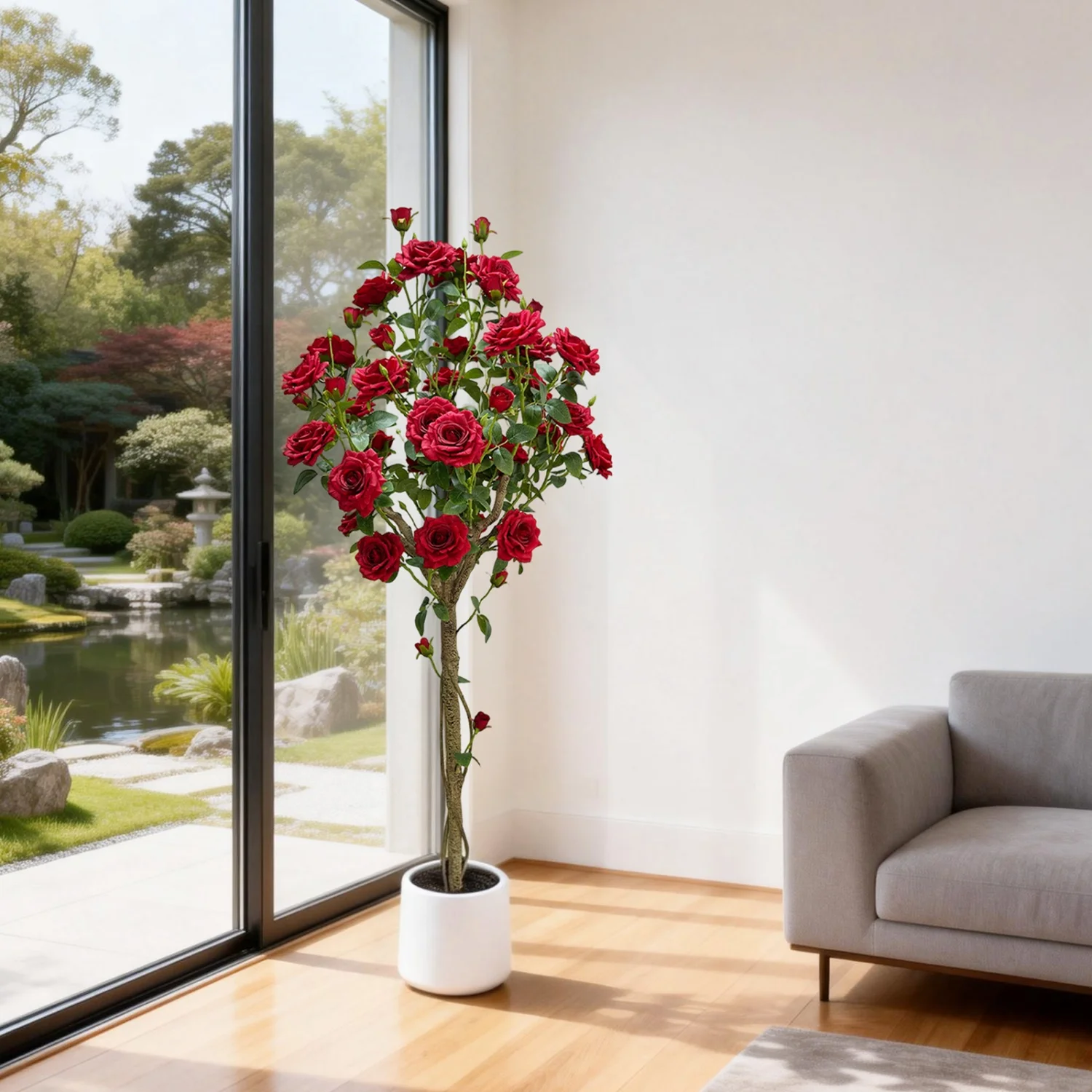 

Искусственное розовое дерево высотой 1,5 м в кашпо, цветущие искусственные деревья для улицы, декоративные растения для интерьера дома и декора входной двери