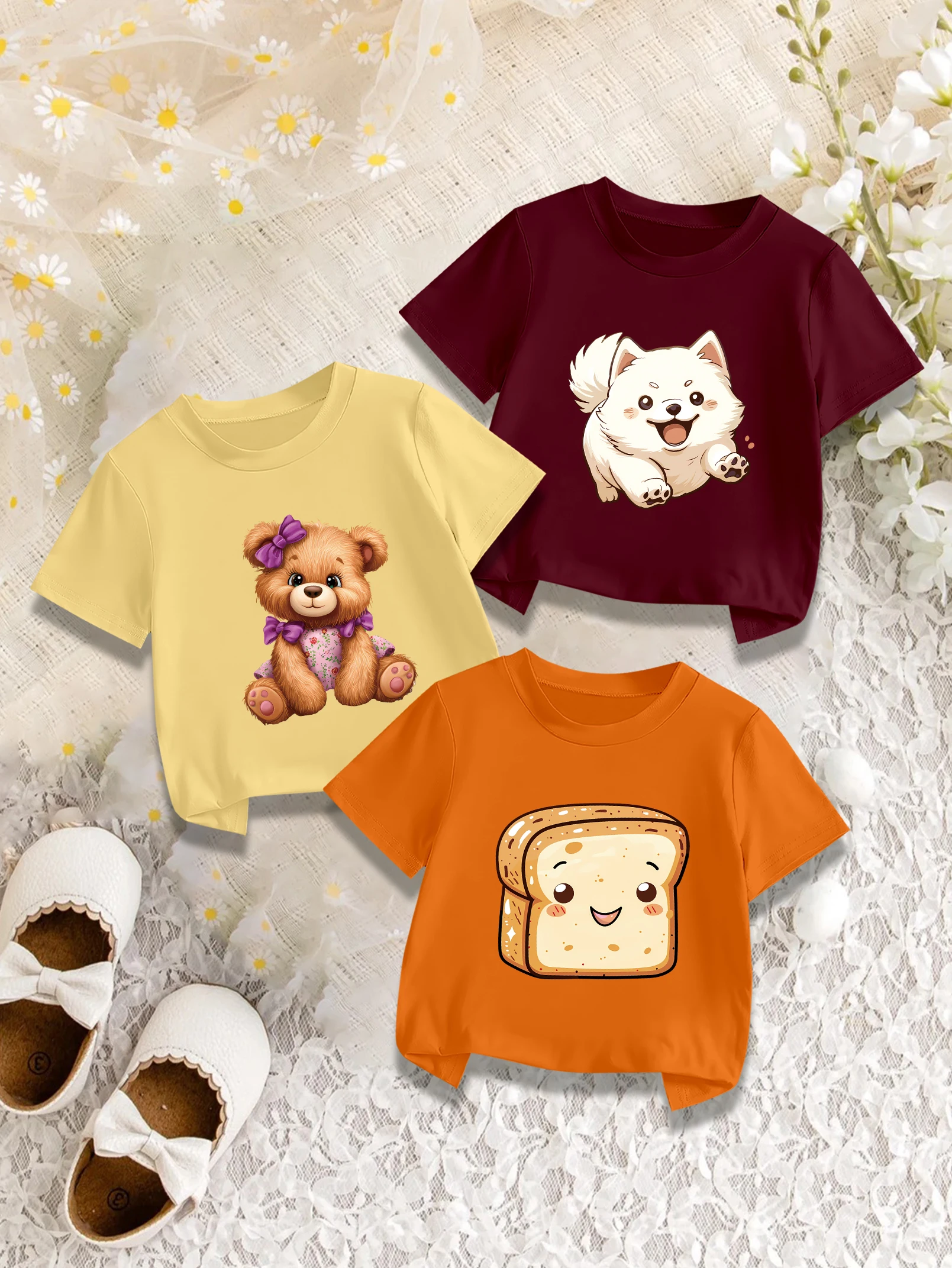 

3 предмета в комплекте: Милая летняя футболка с коротким рукавом для девочек, с рисунком тоста, медведя и собаки, повседневный топ.