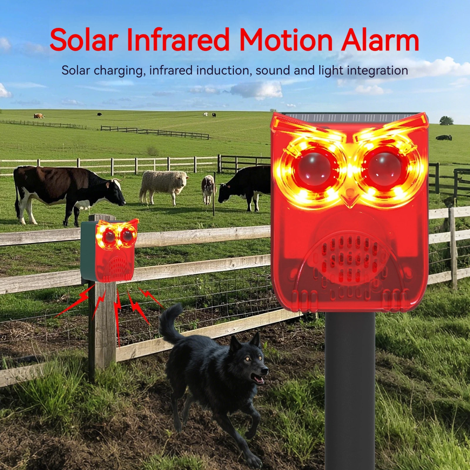 

﻿Solar Outdoor Motion Sensor Alarm Waterproof Animal Repeller Dog Barking & Gunshot Sound Loud Noise Maker for Yard Farm Garden