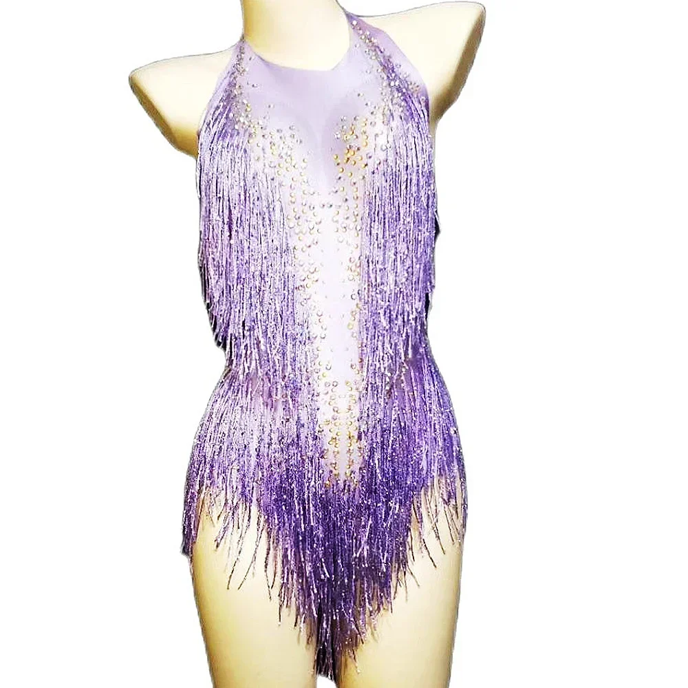 Glitzernde Strass-Bodys für Damen, helle Fransen, ärmellos, Neckholder, Geburtstagsfeier, Clubkleidung, Abend, Abschlussball, Sänger, Tanzkostüme