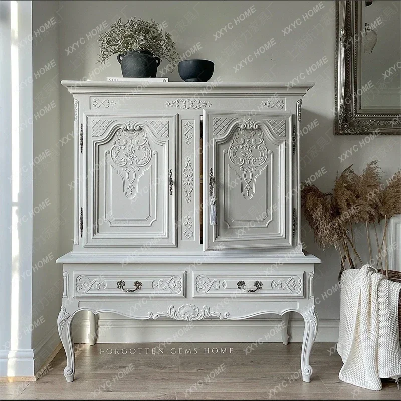 WY solid wood carving flower dining side home display case retro old white storage cupboard