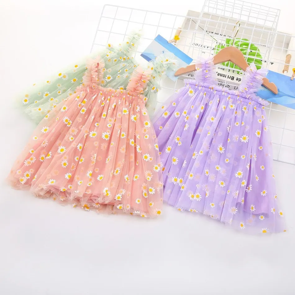 1-6 Years Children Clothes Kids Princess Beach Dress Baby Straps Skirt Girls Daisy Embroidery Sundress Floral Summer Dress