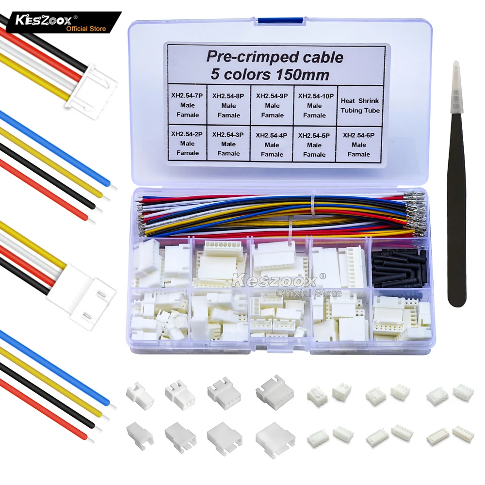 22AWG XHP Wire Cable Connector Kit Keszoox 190Pcs JST XH2.54mm Male/Female Socket 2-10P Crimp-style, XHP 2.5 mm Pitch Connector