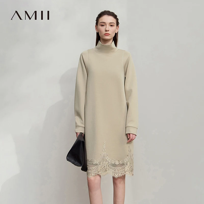 

Amii Womens Dresses 2025 Winter New Minimalist Solid Color Turtleneck Loose Dress Ladies Patchwork Lace Woman Clothing 12543136