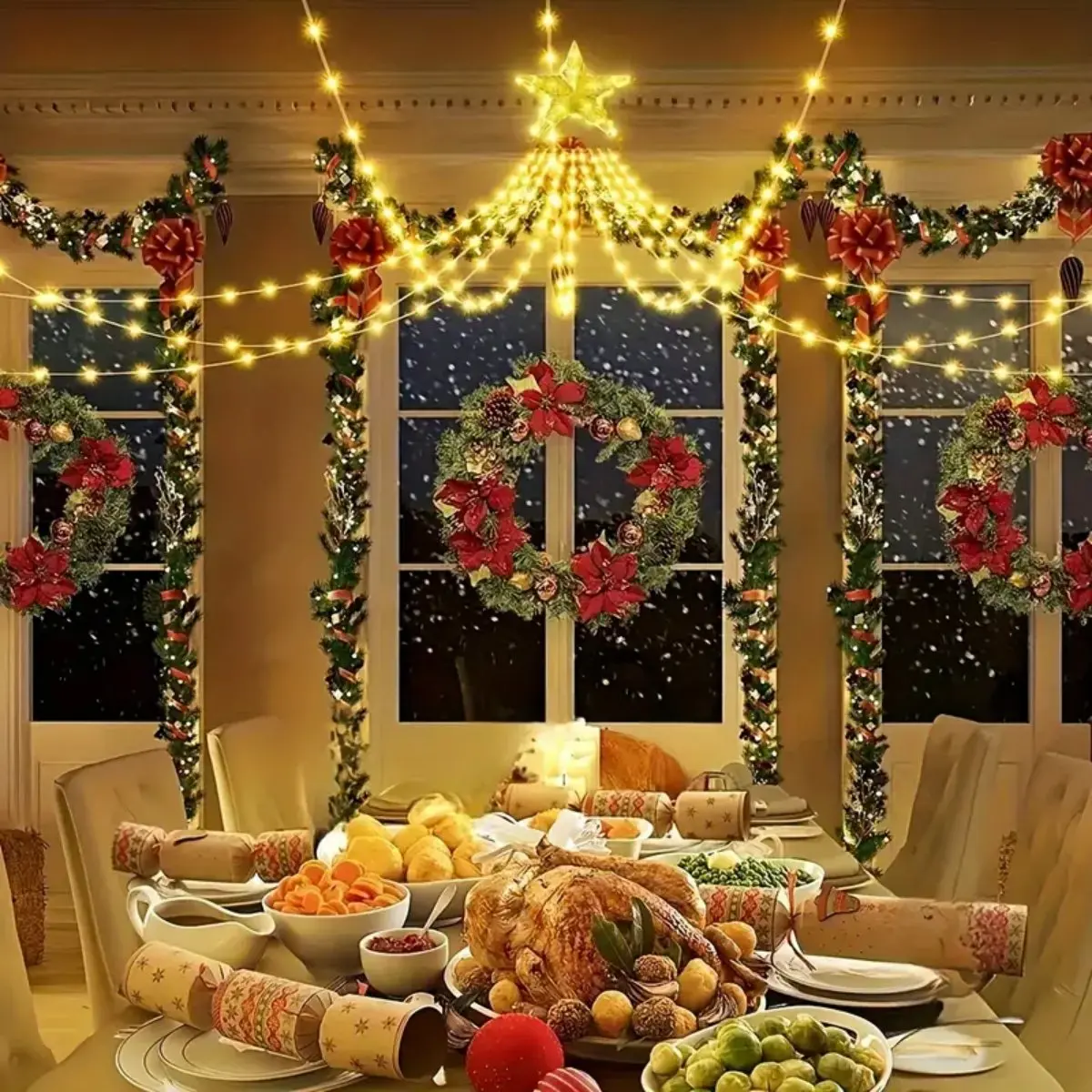 1pc 198 LED Star Waterfall Christmas Lights Solar Powered Fairy Lamp With 8 Lighting Modes Suitable For Home Outdoor Decoration