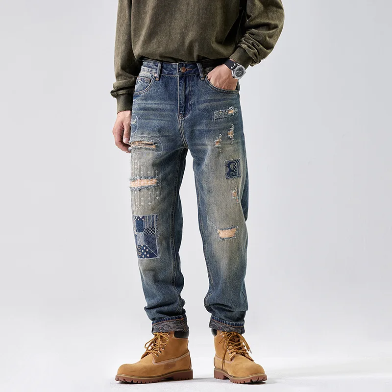High quality harem long jeans for men big size ripped hole wash cotton denim vintage trousers new 2024 clothing - blue