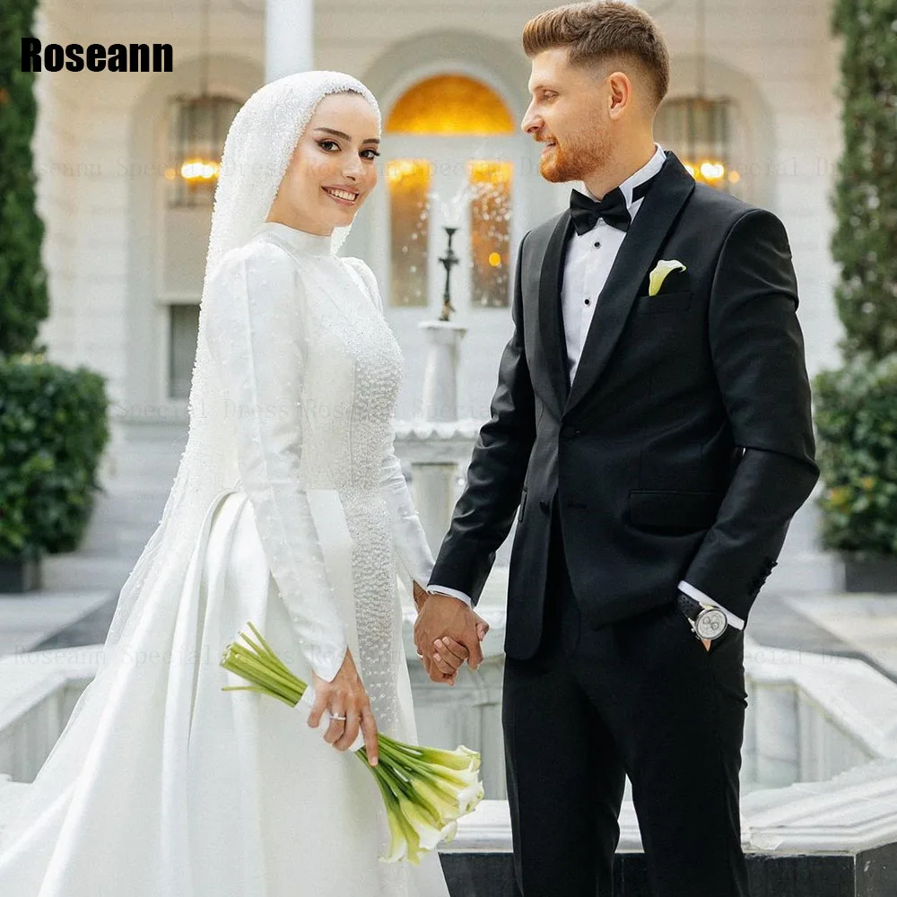 Muslim 2024 Design Ivory High Collar Mermaid Wedding Dresses Applique Pearls Brush Train Bride Gown Floor Length robe de mariée