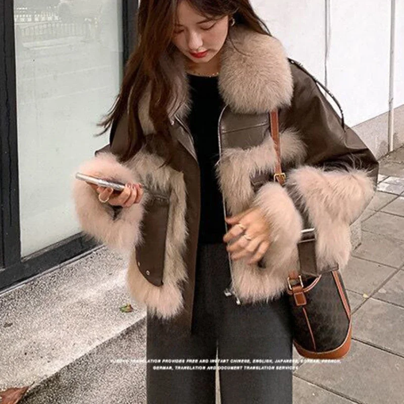 2024 New Winter Lamb Fur Sheepskin Patchwork Coat Faux Fur leather Jacket Streetwear Loose Fur Warm Motorcycle Biker Parka L31