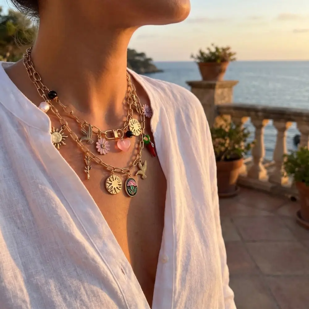 Metal Chain Enamel Necklace Flying Bird Sunflower Multi Layer Choker Geometric Ethnic Style Bohemian Collarbone Chain