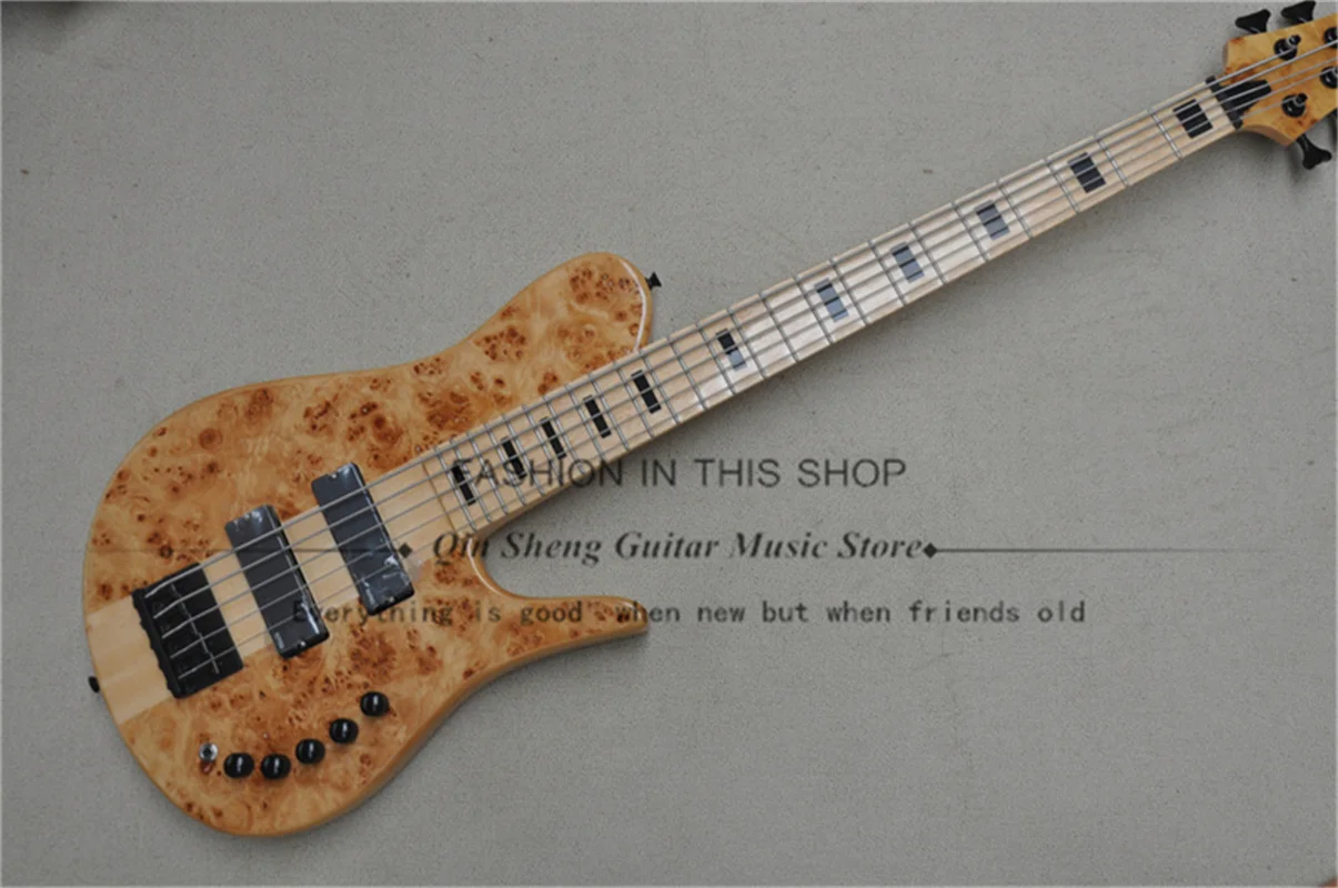 

5 String Bass Guitar Foder Bass Maple Neck Through ASH Body Burl Maple Top Fixed Bridge Black Tuners Active Battery