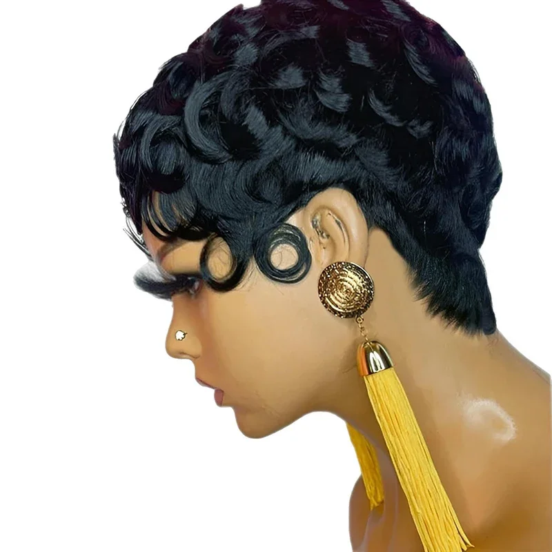 เครื่องประดับศีรษะสำหรับงานเลี้ยงค็อกเทล ทรงผมม้วนเล็ก สำหรับการแสดงในบาร์ เสื้อผ้าเข้าชุด วิกผมม้วนเล็ก ทรงผมยาวคลุมหูสำหรับผู้หญิงแอฟริกัน