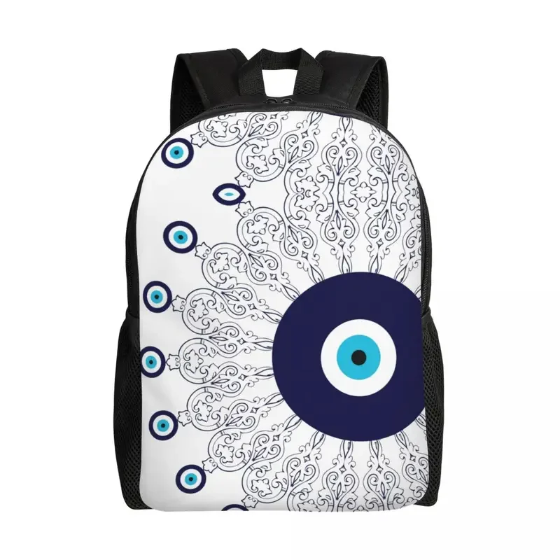 Custom Navy Blue White Mediterranean Evil Eye Mandala Pattern Backpacks Men Casual Bookbag for School College Bohemian Boho Bags